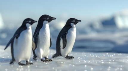 Capturing a scenic moment, this image shows a trio of Adelie penguins walking in line on the sparkling icy surface of Antarctica