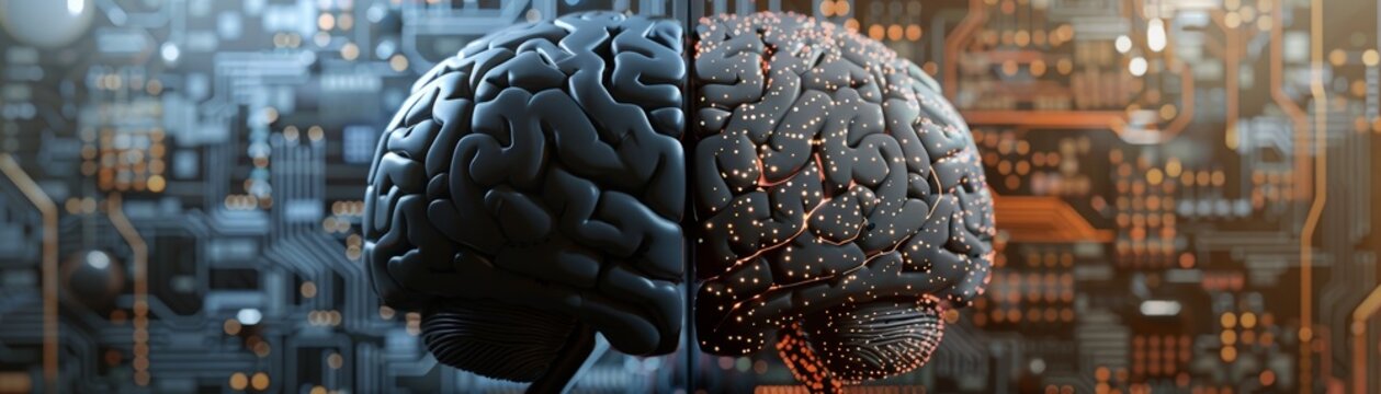 A split image contrasting a human brain and a computer chip, emphasizing the comparison between biological and artificial intelligence  