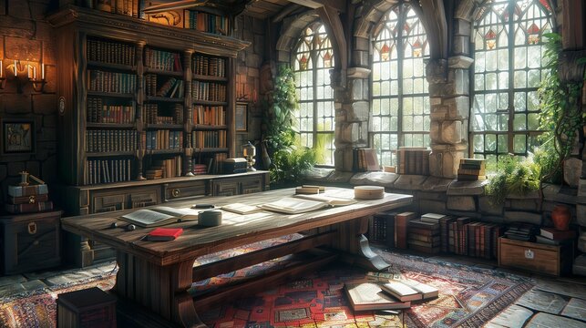 Scriptorium with Quills and Ink Pots, generative ai