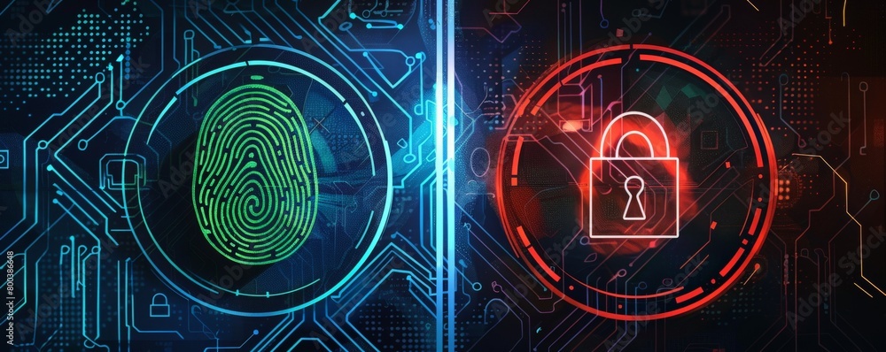 Poster a split image one side shows a fingerprint scanner and a green checkmark, the other displays a red a