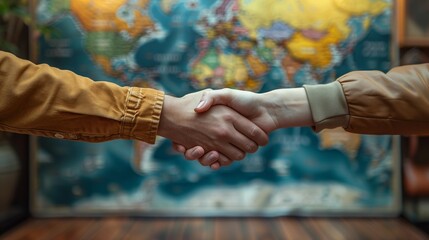Unity Across Cultures: Handshake on World Map, generative ai
