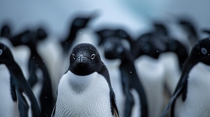 Close-up of a penguin sharply in focus among an out-of-focus group of penguins