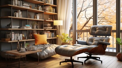A warm and inviting reading space featuring a modern lounge chair, bookshelves filled with books, and large windows with a view of autumn trees