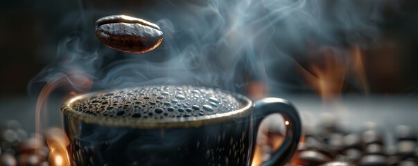 A steaming cup of black coffee with a single, bitter looking bean floating on top, conveying a sense of harsh reality or a bitter truth  - obrazy, fototapety, plakaty