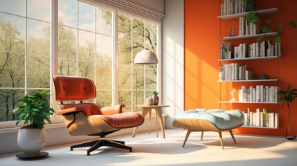 Warm, sunlit interior of a stylish modern living room with an inviting armchair and lush greenery