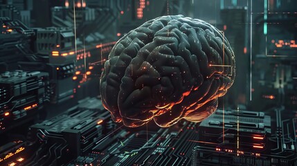 Human brain connected to futuristic technology interface, concept of AI integration and innovation