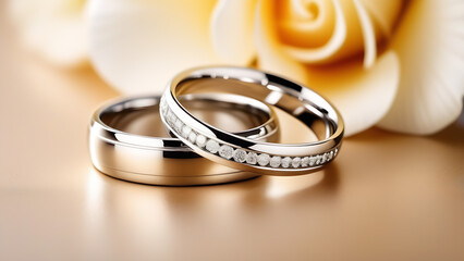 Two wedding rings and white rose on a beige background