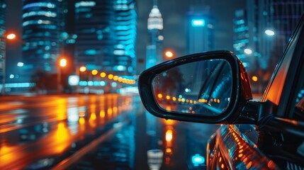 A close-up of a rearview mirror in a car speeding through a modern metropolis at night, surrounded by skyscrapers. - obrazy, fototapety, plakaty