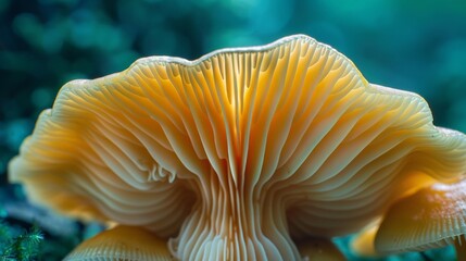 A vibrant image of a mushroom cap, showcasing the intricate gills and textures on its underside  