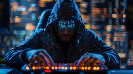 A man in a hood typing on an electric blue keyboard in the darkness of midnight
