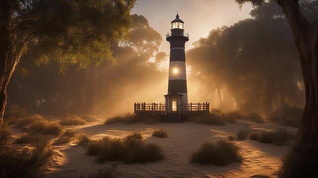 lighthouse at sunset highly intricately detailed photograph of  Dawn s early morning mist surrounds the Bodie Island  