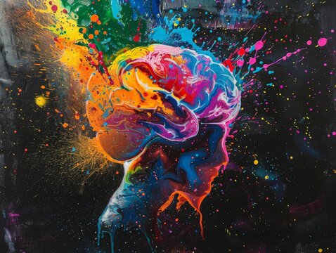 A vibrant abstract painting of a brain exploding with splashes of color, representing the boundless creativity and imagination of the human mind  
