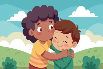 Two children are hugging each other in a park