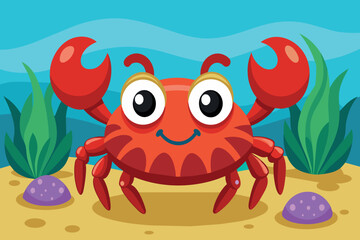 A cartoon crab is standing on a beach with a blue ocean in the background