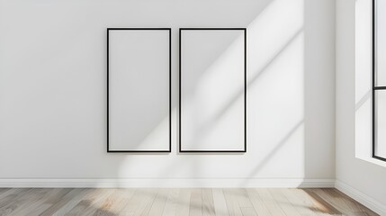 Two empty vertical black frame mock up in a white interior room design with wooden oak floor, 2 empty modern frames for gallery wall mockup, 3d illustration white wall interior render Ai generated 