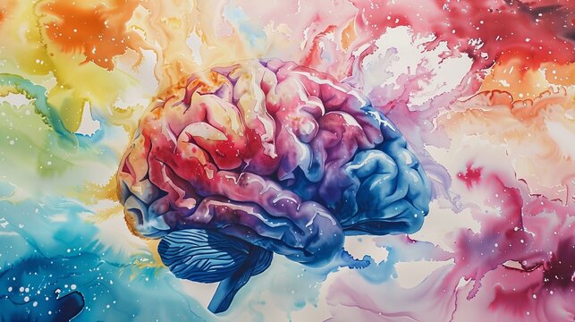 A vibrant watercolor painting of a brain with each lobe depicted in a different color, showcasing the brains functional specialization 