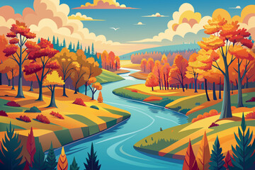A beautiful autumn landscape with a river running through it