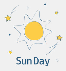 World Sun Day. May 3. Sunny day poster with sun and stars. Banner, greeting cards, flyer. 
