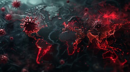 A world map with red hotspots highlighting areas affected by a viral outbreak, emphasizing the global impact of pandemics  