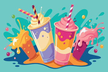A cartoon of four drinks with straws in them