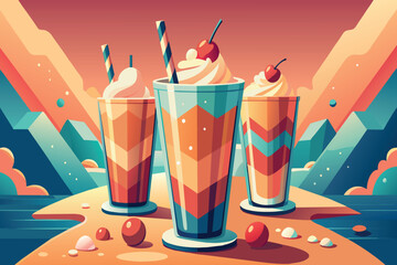 Three colorful drinks with cherry on top are shown in a cartoonish style