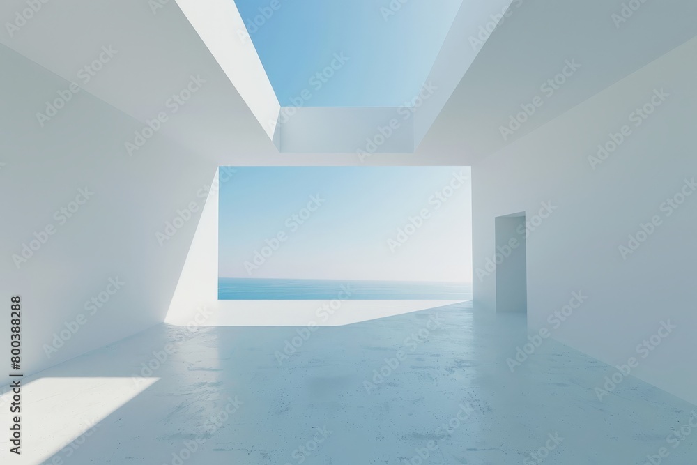 Poster white room with a single, perfectly centered window showcasing a clear blue sky render in a minimali