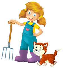 cartoon scene with farmer girl standing with pitchfork and farm animal cat kitty isolated background illustation for children