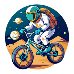 illustration of an astronaut performing BMX tricks against the backdrop of a softly illuminated moon, with vibrant colors and sleek lines