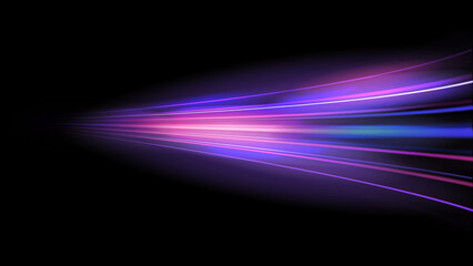 Abstract speed light trails with a dynamic blend of purple and pink hues on a black background, conveying movement and futuristic technology.