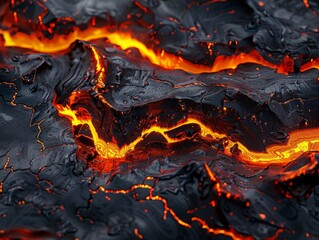 Molten metal, glowing orange and red, with rivulets flowing across a dark, textured background  