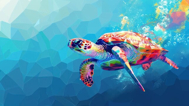 A colorful turtle is illustrated floating underwater in a geometric blue water ocean setting.
