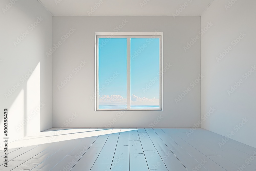 Poster white room with a single, perfectly centered window showcasing a clear blue sky render in a minimali