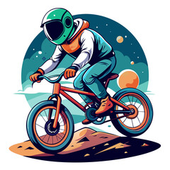 illustration of an astronaut performing BMX tricks against the backdrop of a softly illuminated moon, with vibrant colors and sleek lines