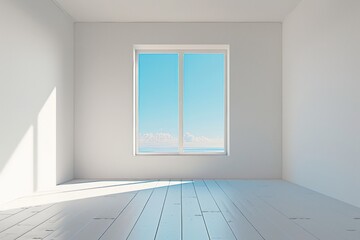 white room with a single, perfectly centered window showcasing a clear blue sky Render in a minimalist style with clean lines and soft shadows  