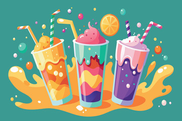 Three colorful drinks with straws in them are shown on a green background