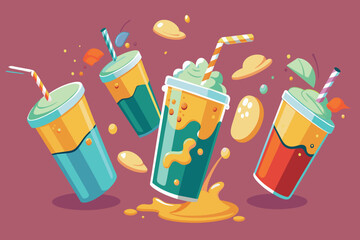 A cartoon of four different colored drinks with straws in them