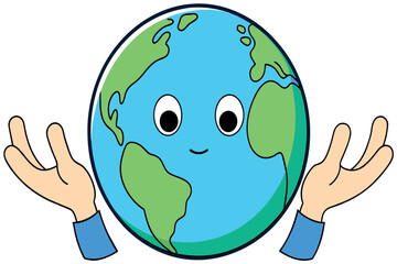 A cartoon of a smiling face holding up a globe