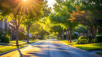 Suburban street in Katy, Texas with green trees along the side. Concept Nature Photography, Urban Landscape, Texas Scenes, Tree-Lined Streets, Suburbia Atmosphere - obrazy, fototapety, plakaty