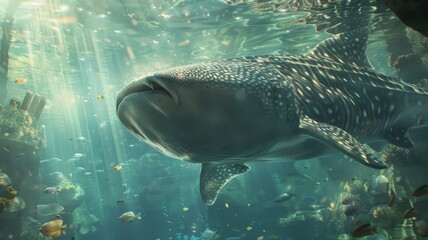 Fototapeta premium A whale glides gracefully through a vast aquarium teeming with diverse fish species, showcasing a harmonious aquatic ecosystem