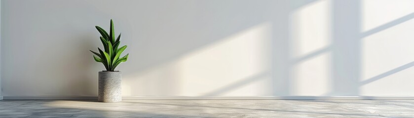 A brightly lit room with white walls and a polished concrete floor A single, potted cactus sits on a small pedestal in the corner, adding a touch of life to the minimalist space  