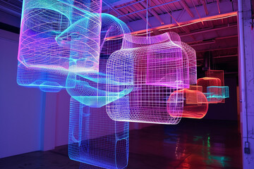 Intricate wireframe sculptures suspended against a backdrop of pulsating neon lights.