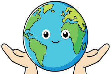 A cartoon of a smiling Earth with two hands holding it