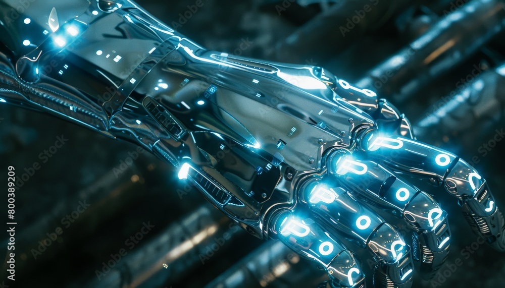 Poster a chrome cyborg arm with glowing binary code tattoos running along its metallic surface