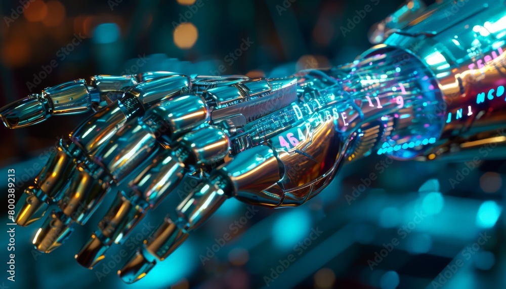 Poster a chrome cyborg arm with glowing binary code tattoos running along its metallic surface