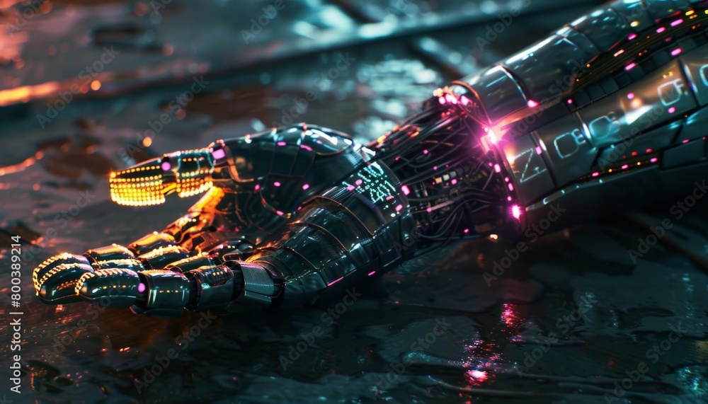 Poster a chrome cyborg arm with glowing binary code tattoos running along its metallic surface