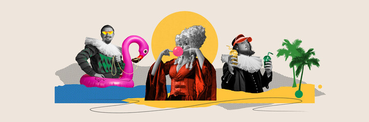 Historical figures with modern-day leisure elements, man and woman in Renaissance attire engaged in modern beach activities. Contemporary art. Concept of creativity, comparison of eras, inspiration - obrazy, fototapety, plakaty