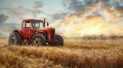Obraz premium Classic Red Tractor at Sunset, generative ai
