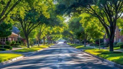 Suburban street in Katy, Texas with lush green trees viewed from the side. Concept Katy, Texas, Suburban Street, Lush Green Trees, Side View - obrazy, fototapety, plakaty