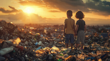 Polluted world. Garbage and waste. Children suffer from pollution. Ecological disaster concept. AI-generated.