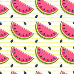 Whole and sliced watermelon slices on a light colored background. Seamless pattern